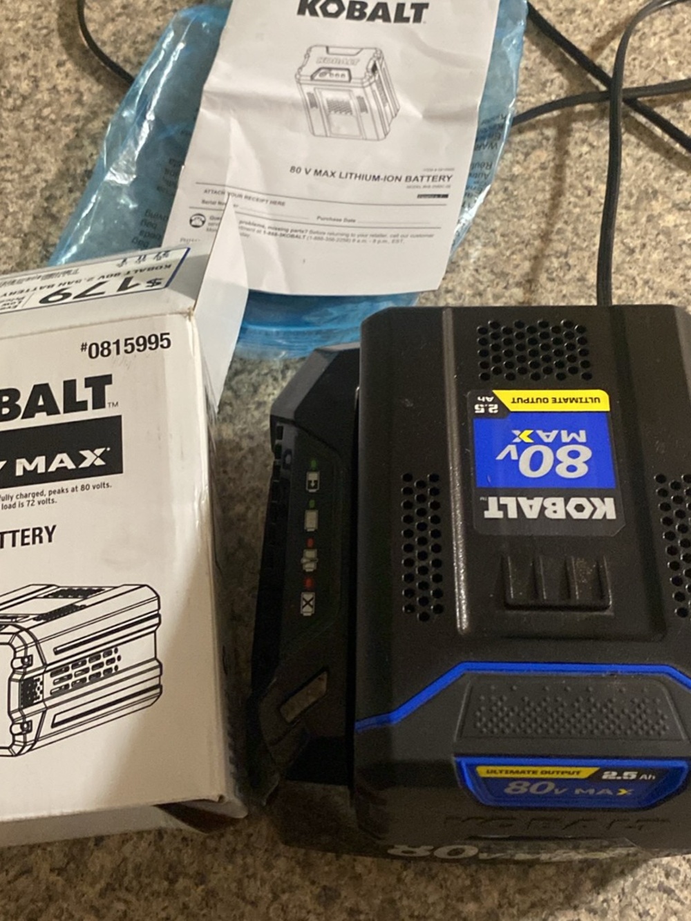 Kobalt 80V Max 2.5 Ah Battery & Charger - Black and Blue. (For mower)